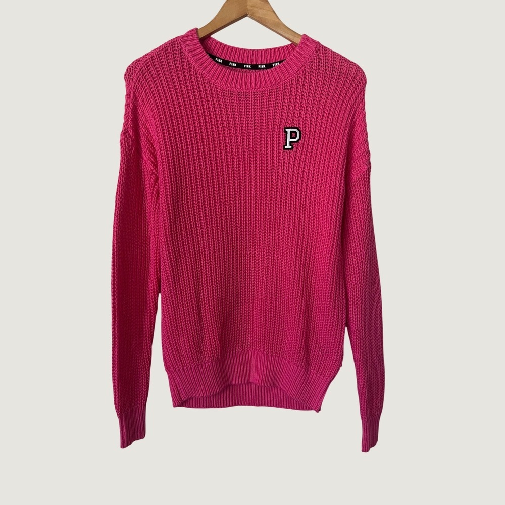 Victoria's Secret PINK Forenza Hot Pink Cotton Shaker Knit Sweater XS P Patch